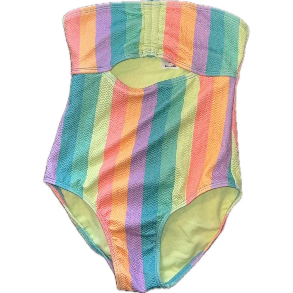 Cat & Jack Girls Rainbow Striped One Piece Swimsuit & Neon Pink Lace CoverUp Set